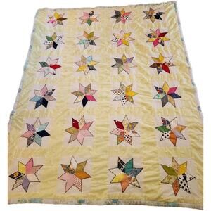 VTG 60s Star Pattern Quilt Yellow w/ Multi Colored Stars 92" x 76" Full Queen